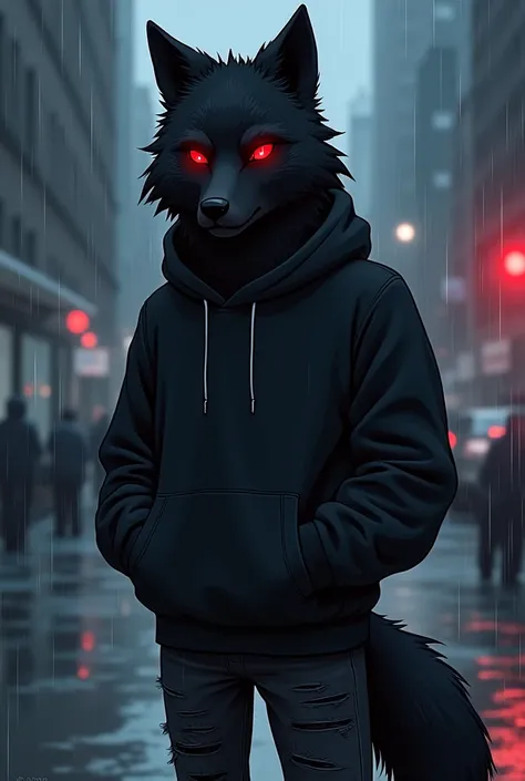 anthro, male, all Black wolf, black fur, red eyes, wearing black hoodie ripped black jeans doc martins raining night anime style
