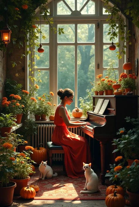 A lady in a large magical room magically lit environment, surrounded by cats on all sides listening to her play the piano in a very flowery backyard full of plants and birds AND LOTS OF PUMPKIN PLANTS