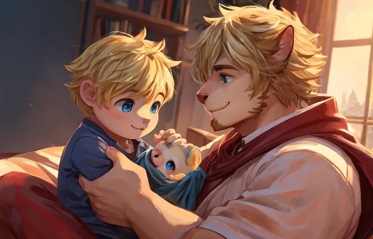 A detailed illustration of a handsome man with short blonde hair and green eyes, holding a one-year-old baby boy with short blonde hair and blue eyes. The man should have a gentle, caring expression, and the baby should appear happy and comfortable in his ...