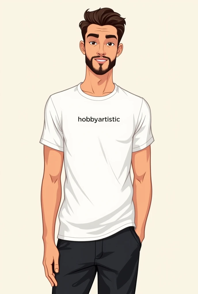 (8K resolution) Drawing of a boy in cartoon, offwhite, clear eyes, Wearing White T-shirt, in shorts, wearing black cap, 1,70 m, 70 kg, thick eyebrows, fine nose, small ears, written on t-shirt "hobby.artistic", mature man, short beard.