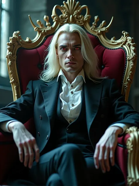 ((masterpiece, 8K, best quality, high resolution:1.3)), (a vampire sitting on his throne made of human bones in a dark castle:1.2), (editorial style photo:1.2), (his eyes are red and his skin is very pale:1.2), (his hair is long and blonde:1.2), (he is ver...