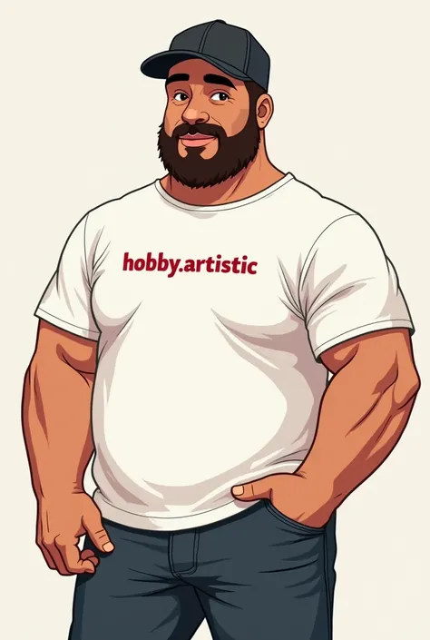 (8K resolution) Drawing of a boy in cartoon, offwhite, clear eyes, Wearing White T-shirt, in shorts, wearing black cap, 1,70 m, 70 kg, thick eyebrows, fine nose, small ears, written on t-shirt "hobby.artistic", mature man, short beard, brawny.