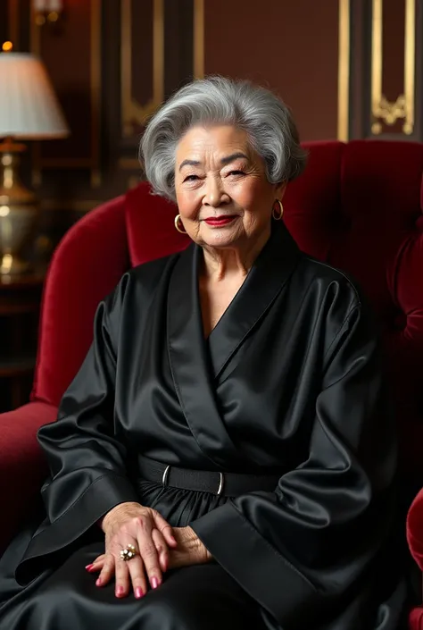 80 year old Japanese grandma、Gray Hair、Wavy short hair、Quite fat、Fortune teller outfit、Sitting、Only the upper body is shown、Looking at the camera,「A powerful, confident, and glamorous figure in a luxurious setting. The figure is dressed in an elegant, over...