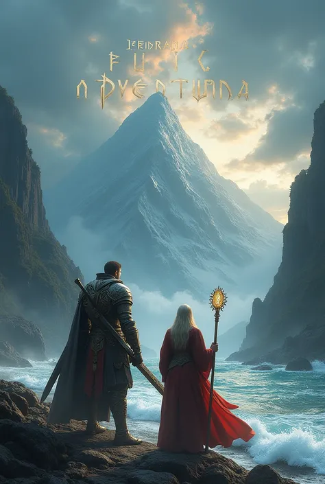 I want an image of a warrior and a wizard on the coast looking at a mountain in an epic way and above them written epic adventure in an epic way in big letters