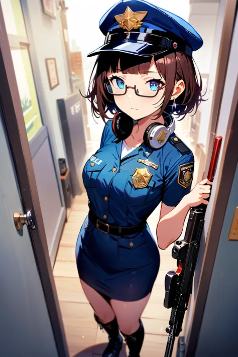 ((top-quality)), ((​masterpiece)), ((ultra-detailliert)), (extremely detailed fine touch:1.3), solo, 1girl, (((semi-rimless eyewear:1.3))), (headphone around neck:1.2), sparkling earrings, bedroom eyes, short hair, messy hair, blunt bangs, policewoman, uni...