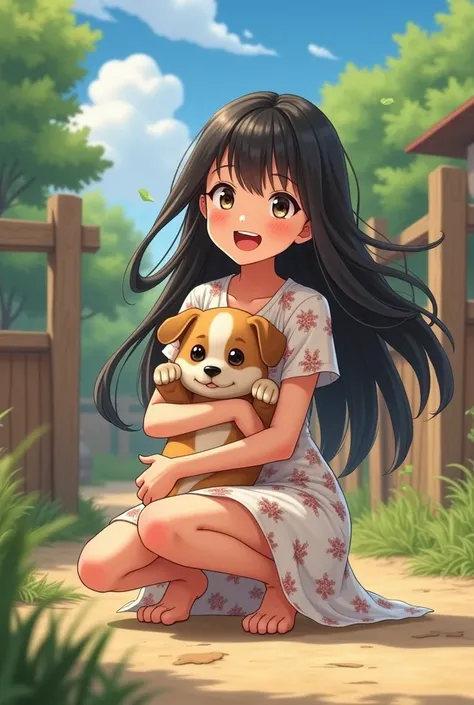 A 25-year-old girl，Long black hair，In the farmyard，Wearing a white floral dress，Squatting，Holding a puppy，Happy smile，Anime style，Pixar style