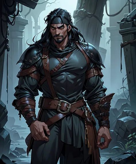 cinematic film still score_9, score_8_up, score_7_up, Dark fantasy art.  Dark themes.  (((Looks young.))) Wears pirate fashion with a headband. Fantasy art character.  Very intense body language.  Sexy and alluring man. Looks like an attractive male explor...