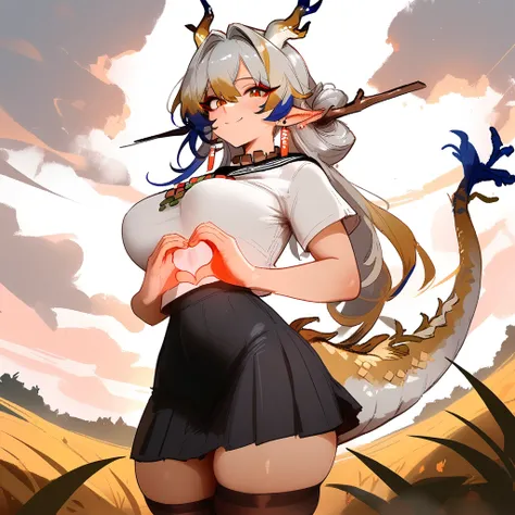 1girl, shu (arknights), arknights  masterpiece, best quality, newest, horns, ///// , , by khyle, cutesexyrobutts, nyantcha  thin waist, highres, absurdes.,,,big breasts, dragon_girl, cropped legs, sky, clouds, dragon tail, serafuku, sailor collar, skirt, ,...