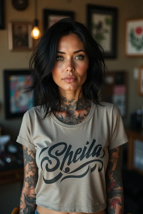 40-year-old tattoo artist with shoulder-length black hair and greenish eyes with tattoos on her body wearing a t-shirt that says sheila art tattoo & Body Piercings 