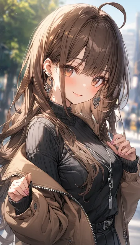 ((masterpiece, best quality)), very aesthetic, absurdres, one girl, ahoge, bangs, black skirt, black sweater, blurred, blurred b...