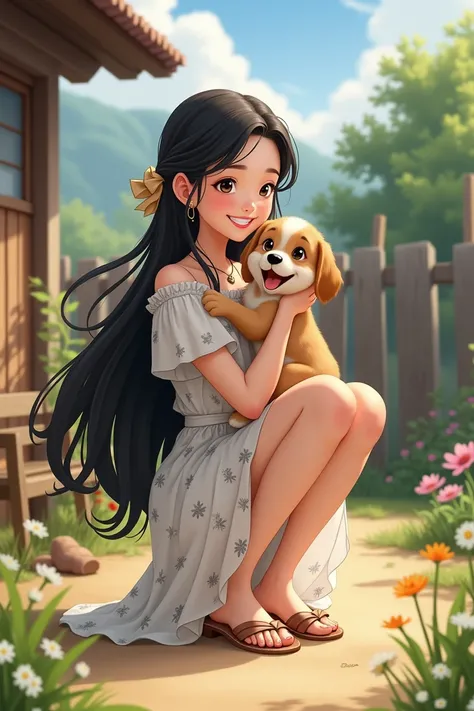 A 25-year-old girl，Long black hair，In the farmyard，Wearing a white floral dress，Squatting，Holding a puppy，Happy smile，Anime style，Pixar style