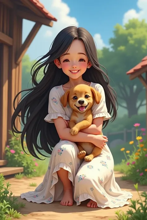 A 25-year-old girl，Long black hair，In the farmyard，Wearing a white floral dress，Squatting，Holding a puppy，Happy smile，Anime style，Pixar style