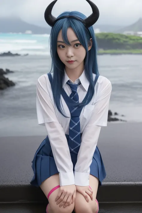 ,ojousama,ojousama,blue hair,forehead,school uniform,thighband pantyhose,oni horns,flat_chest,closed mouth,fetal_position,rainy days,in hawaii,watercolor,,