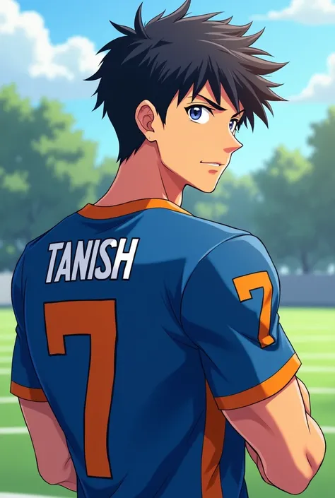 A football player 
Age 18
On the back of the t-shirt name is TANISH .
Ans no. Is 7 .
In anime 
An handsome boy