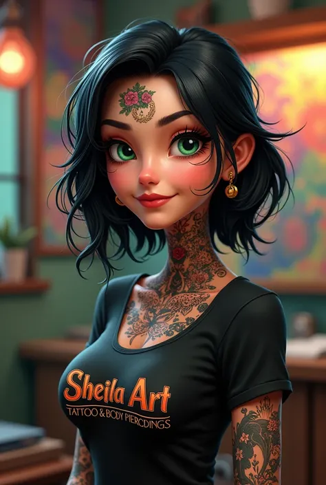 Disney Drawing Tattoo artist 40 years old with shoulder length black hair with greenish eyes with tattoos on her body wearing a t-shirt that says sheila art tattoo & Body Piercings 