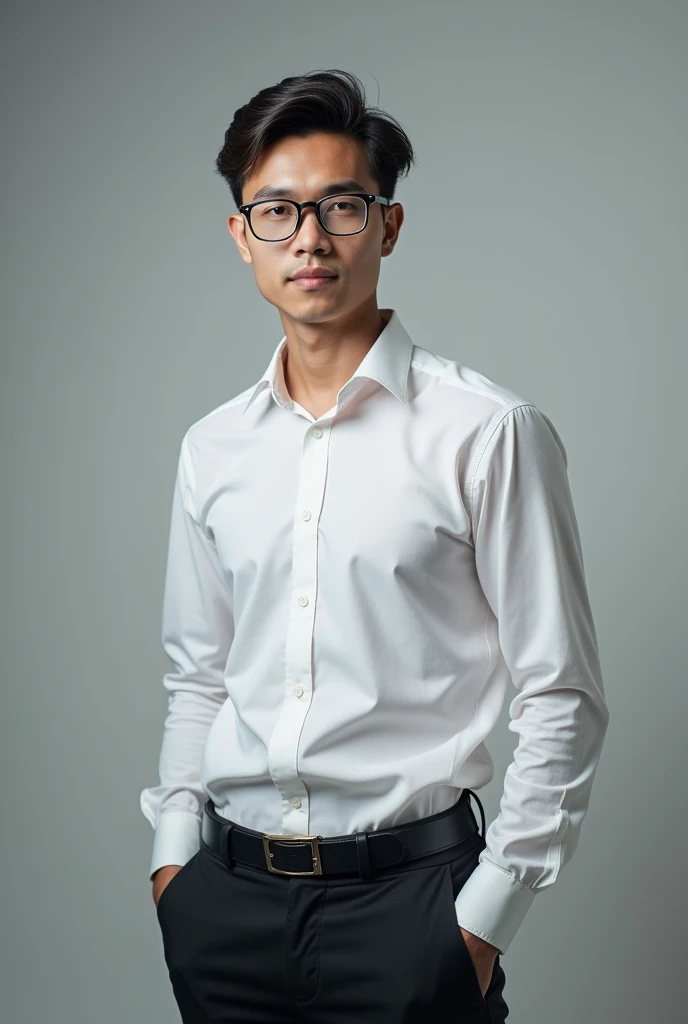 20 years old asian Pakistani guy in glasses with clean shaved in formal pant shirt. Picture is focused on face. Take pictures formal from front