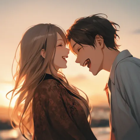 Young couple laughing facing each other