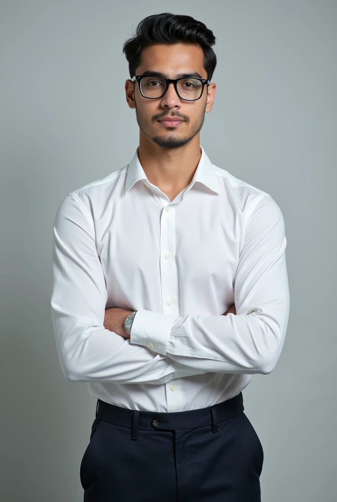 20 years old asian Pakistani guy in glasses with clean shaved in formal pant shirt. Picture is focused on face. Take pictures formal from front. Picture from front