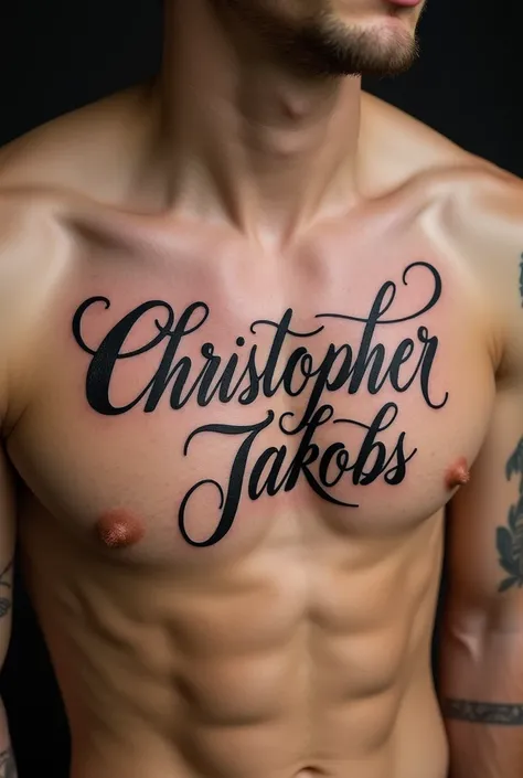 "Christopher Jakobs" transform these words ( Christopher Jakobs ) in a tattoo but the tattoo says that literally Basically it is to make it look more aesthetic and that it is on a rib where this tattoo is located 

