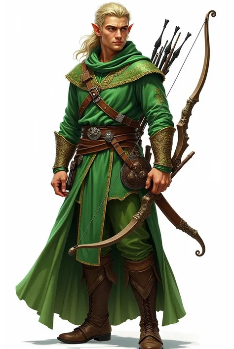 drawning, sharp colors, bust of a male elf archer, medieval style, green clothing, BOARD PIECE, white background, fully body, character seen from the front
