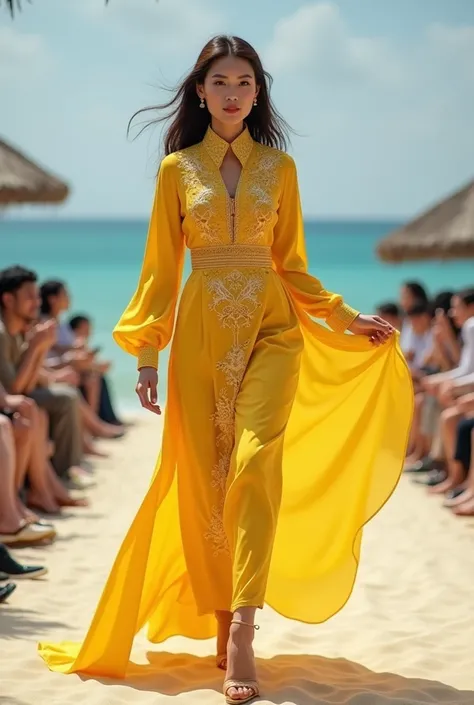 a realistic beautiful woman in Malay dress, Teluk belanga, the color of her dress is yellow, wearing high heels, and walking on a catwalk in a Malay fashion show , Full body picture 