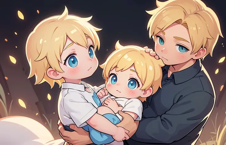 A detailed illustration of a handsome man with short blonde hair and green eyes, holding a one-year-old baby boy with short blonde hair and blue eyes. The man should have a gentle, caring expression, and the baby should appear happy and comfortable in his ...