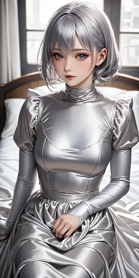 Portraiture、(masterpiece,Highest quality,Ultra-high resolution),Japanese women, Bob Hair、(((Very beautiful 25 year old girl)))、(She is wearing a shiny light silver satin long sleeve maid outfit...)、The dress has a simple design without any patterns....、(((...