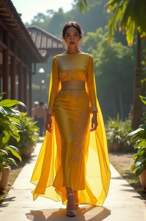 a realistic beautiful woman in Malay dress, Teluk belanga, the color of her dress is yellow, wearing high heels, and walking on a catwalk in a Malay fashion show , sarong batik 