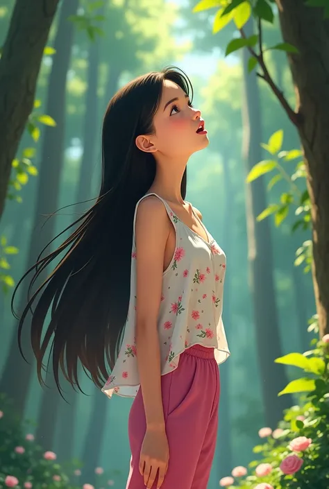 A 25-year-old girl，Wearing a white floral top，Black long hair，Pink pant，Shout to the sky，sideways，Background with forest，Trees，Anime style，Pixar style