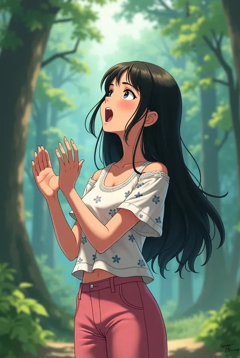 A 25-year-old girl，Wearing a white floral top，Black long hair，Hands to the mouth，Pink pant，Shout to the sky，sideways，Background with forest，Trees，Anime style，Pixar style