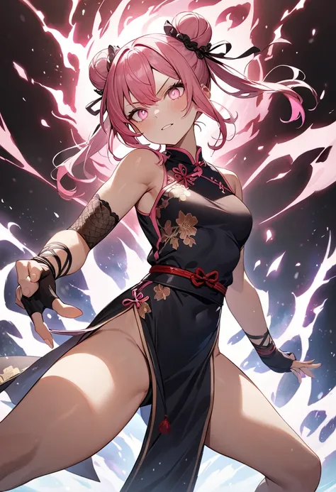 (masterpiece, top quality, very aesthetic, 4k、illustration), intricate detail, 1woman,solo,contrapposto 、Strong glowing eyes、,(cowboy shot)、aura、(Martial Arts),beautiful face、fingerless gloves、、double bun、(fluorescence pink gradient hair)、fighting spirit、m...