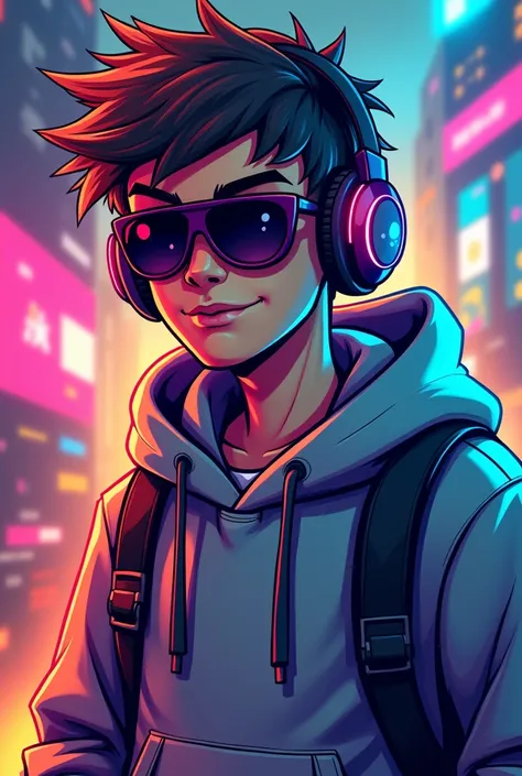 cartoonistic gamer character wearing hoodie and sun glasses with headphones 