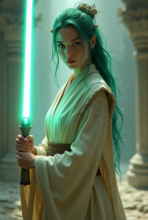 Jedi with green hair tips, white lightsaber 