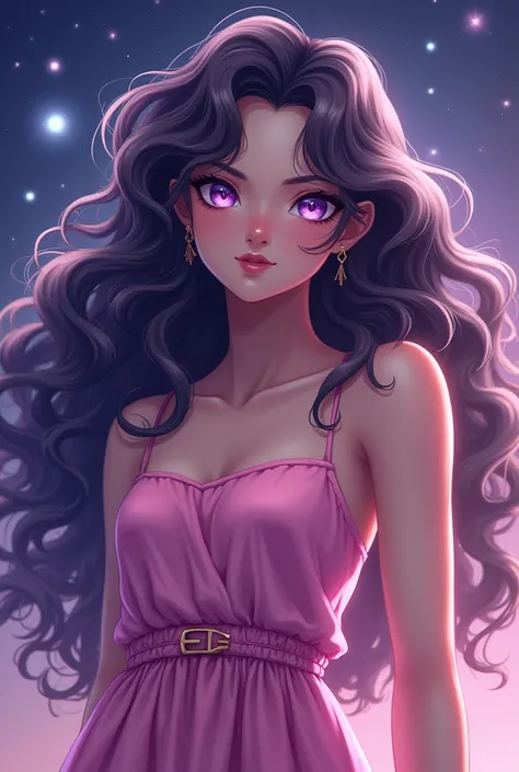 detailed background, masterpiece, best quality, 1 person , curly hair, long hair, purple eyes, star in eye ,  pink  silky Strapless blouse, long  skirt