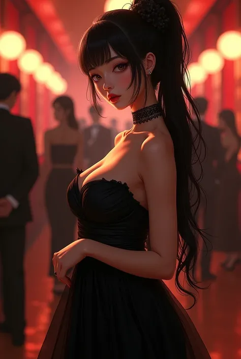 Young and beautiful、A Japanese woman with her black hair tied up for an evening party、Wearing a long black dress、Her breasts are bigger than a melon