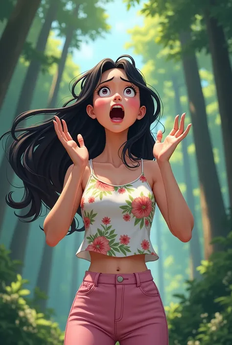 A 25-year-old girl，Wearing a white floral top，Black long hair，Place your hands on either side of your face，Pink pant，Shout to the sky，sideways，Background with forest，Trees，Anime style，Pixar style