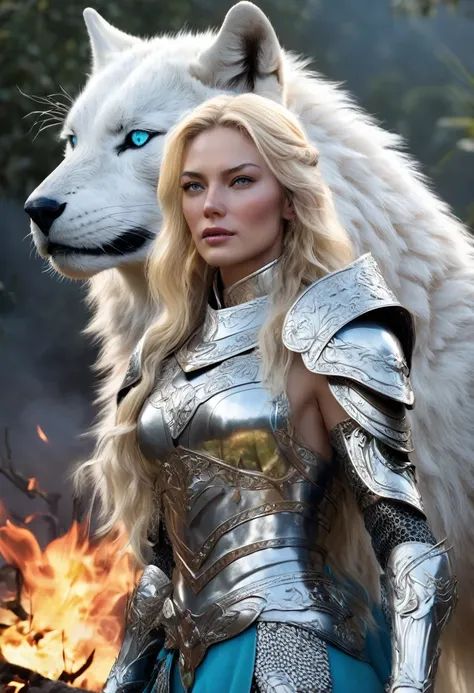 1 woman, inside an open field surrounded by fire, on her left side is a huge white wolf and on her right side a huge white leopard and on her shoulder a white hawk, the fire surrounds the woman and the animals, she is wearing silver armor, detailed facial ...