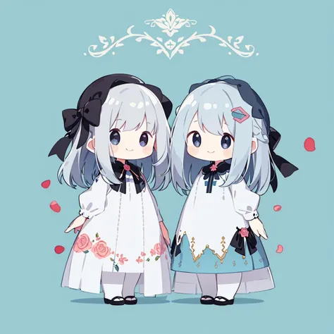 Transparent watercolor、girl、Gemstone Eyes、Beautiful arrangements and motifs、Depth of the written border、smile、Flat avatar, 1girl, bow、Silver Hair((Medium Hair、Straight hair)), White chip, Fashionable design clothes、Background white、Rose petals, Cute girl, ...