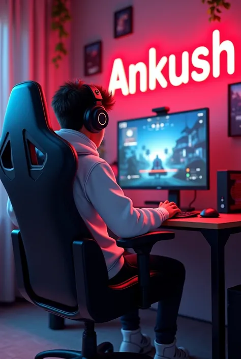 - Create A 3D  image of a Boy of 18 years sitting in gaming room on gaming chair and playing on Free Fire application on his pc. The boy must wear white hoodies ,headphones And his name “Ankush” is Written on the wall with red colour neon light.