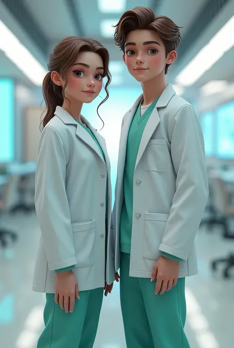 A girl and boy couple, girl wearing labcoat and boy in scrub
Both facing forward 
They should be teenagers