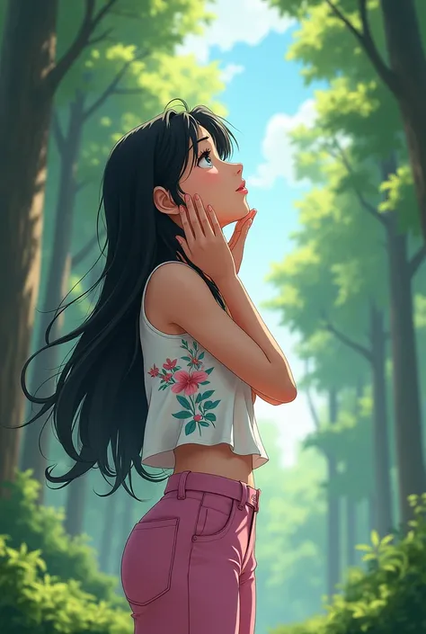 A 25-year-old girl，Wearing a white floral top，Black long hair，Place your hands on either side of your face，Pink pant，Shout to the sky，Back，Background with forest，Trees，Anime style，Pixar style