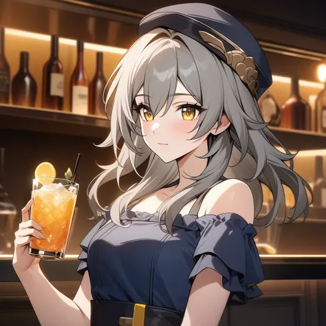 stelle from honkai star rail, stelle, stylish pose, holding drink glass, anatomically correct 1girl, grey hair, golden eyes, bea...