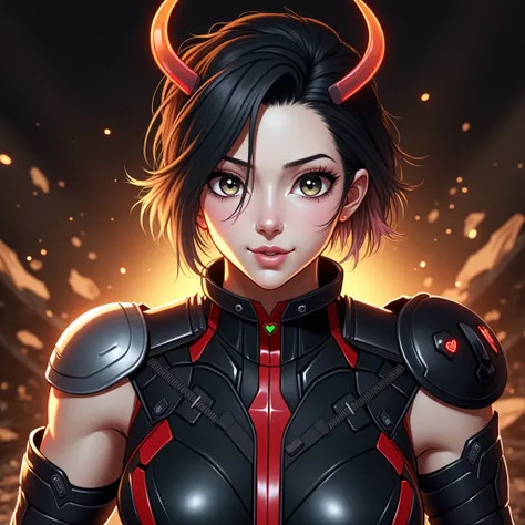 (Highest quality:1.2),(On the rubble of a collapsing city),(Perfect Beautiful Face 1.2, Cool look, Thick eyebrows, Strong-willed eyes, Invincible smile),(Perfect and beautiful posture:1.2),((Android female warrior)), (((muscle)), (Short black hair),Clear E...