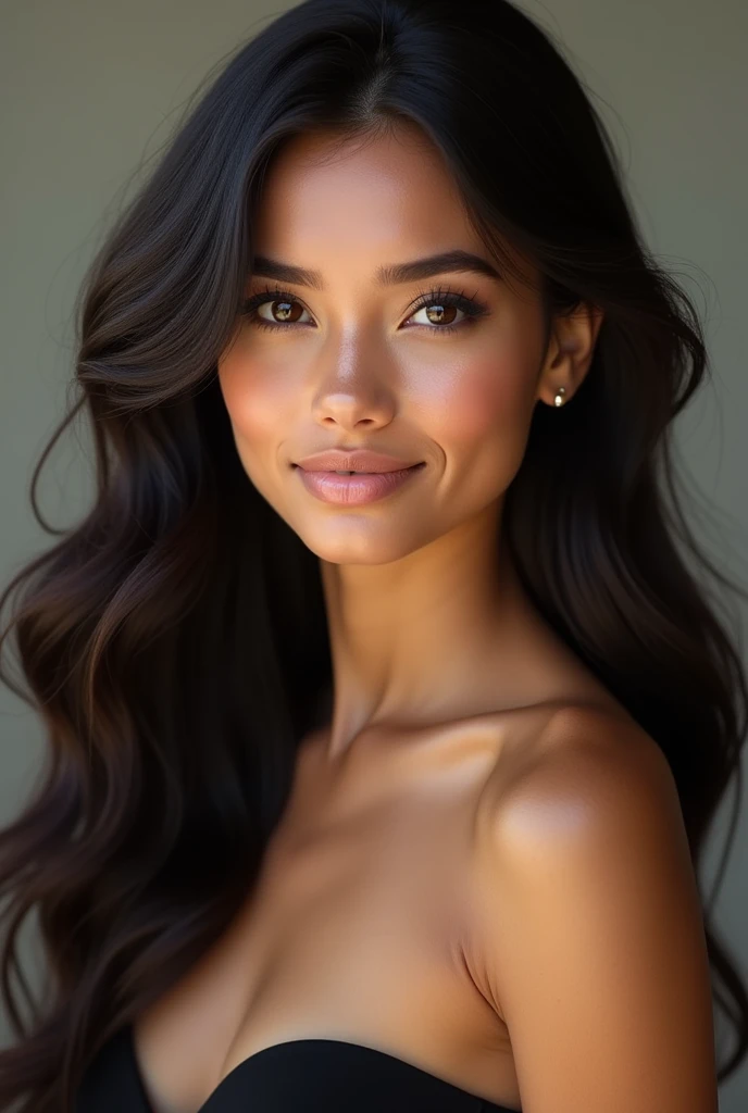 Here is a girl with a captivating beauty that embodies sophistication and elegance. She has thick, long, ebony-colored hair that flows in soft waves over her shoulders, creating a contrast with her fair skin. Her hair shines in the sun, emphasizing its ric...