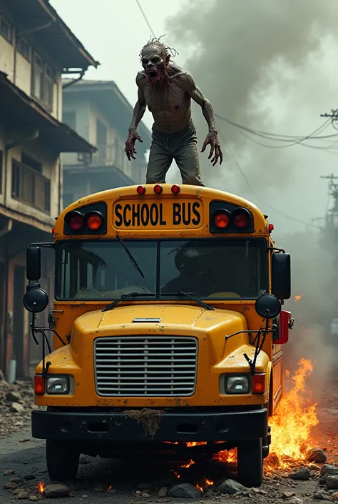 A yellow school bus was seen on fire., which has been damaged, seen on the side of the road the shophouses were completely burnt down. Then on top of the school bus there is a scary realistic zombie that looks like it is roaring with its mouth torn open.