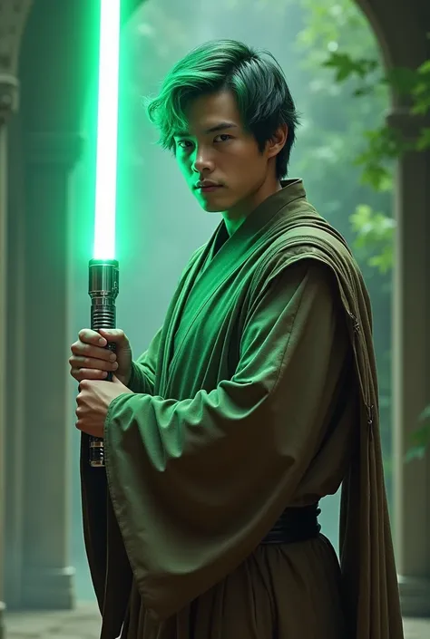 Jedi with green hair tips, white lightsaber, male, twenties 