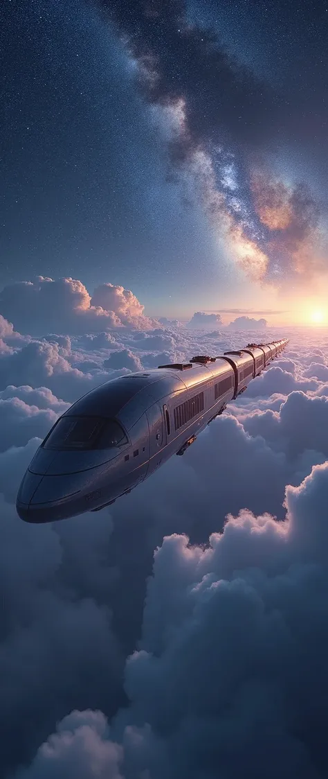 a train-shaped spaceship heads for the galaxy,hope emerges from the clouds,a cool, sci-fi look,(sf的な流線形のbeautiful機体:2.0),(the ba...