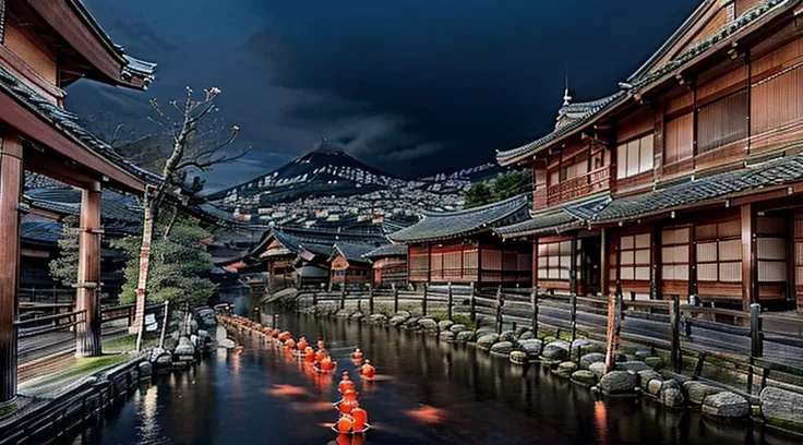 Japanese Style、red、historical buildings、Cityscape、Hot Spring Town、Traditional、Japanese、4K、high resolution、picture、Fantasy、Lots of lanterns、There are few rivers、night、Dark Tone、cool、Samurai、Backwards