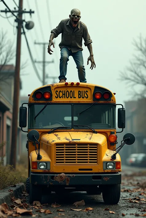 A yellow school bus was seen burnt and rusty and damaged., seen on the side of the road the shophouses were completely burnt down. Then on top of the school bus there is a scary realistic zombie that looks like it is roaring with its mouth torn open.