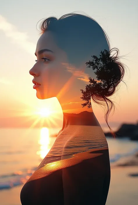 high qualiy, 8k Ultra HD, Uma linda Double exposure que combina uma silhueta de deusa com costa ao pôr do sol, the coast at sunset should serve as a backdrop, with its details incorporated into the goddess, Sharp lines, The background is monochromatic, sha...